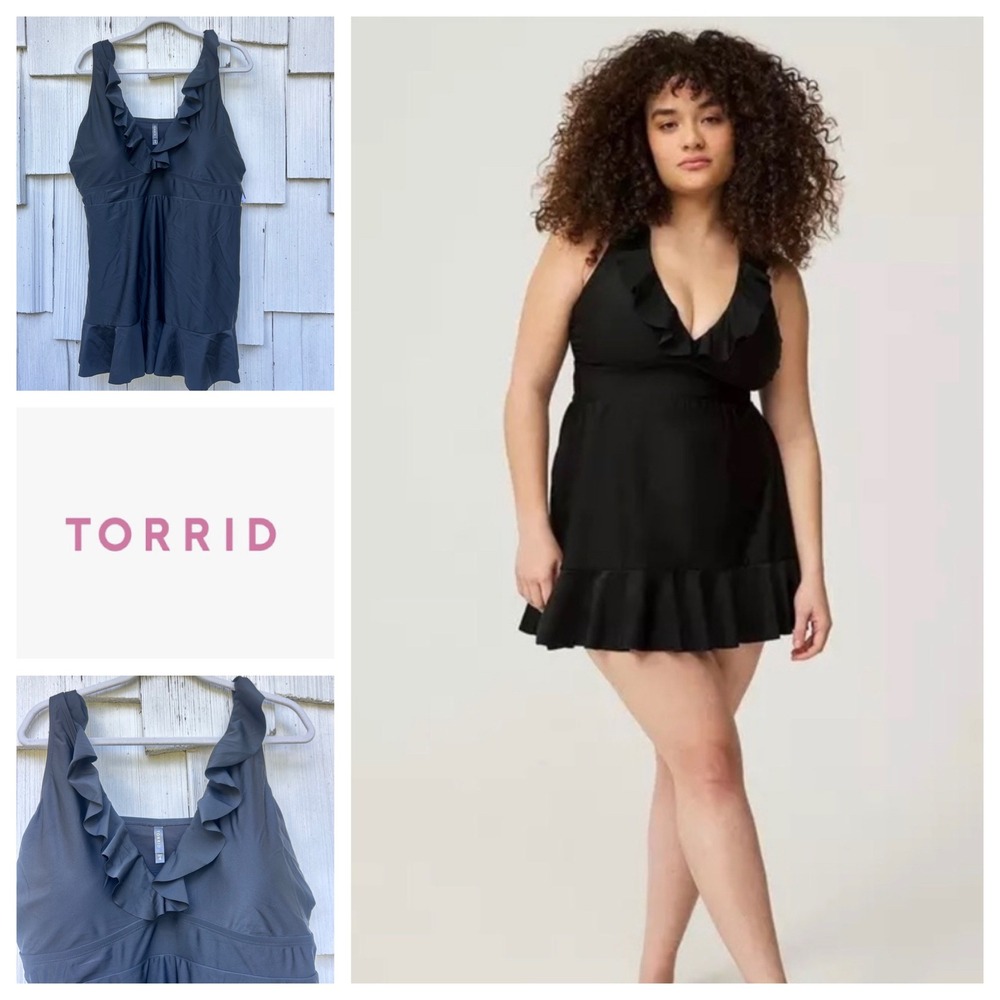 Torrid Black Ruffled Swim Dress Plus Size 4 NWT Wireless A-Line‎ Beachy Chic